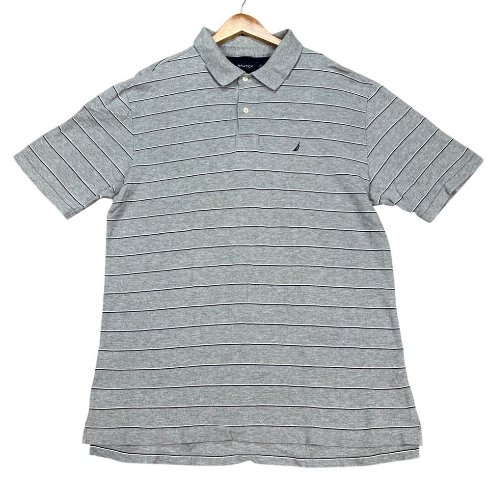 Nautica Polo Shirt Mens XL Gray Navy Blue‎ Striped Short Sleeve Performance Golf